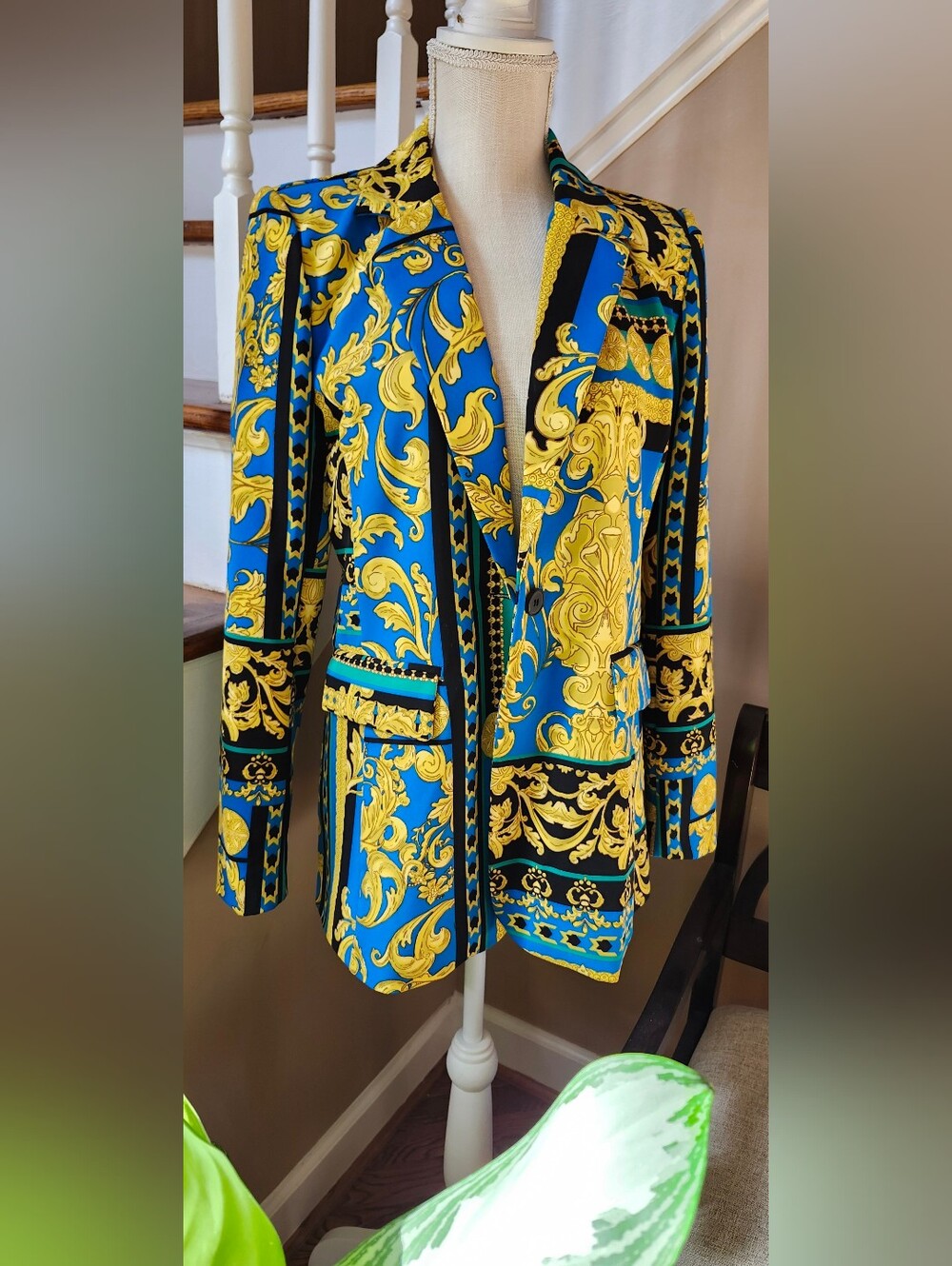 NWT Bold Baroque Print Women's Blazer - Blue & Gold